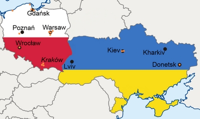 Kaart van Polen en Oekrane met locaties van speelsteden en verblijfplaatsen.