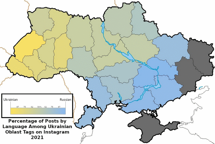 kaart van Oekraïne met het percentage berichten per taal in de afzonderlijke provincies