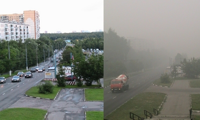 straat in Moskou, gefotgrafeerd in juni en in augustus