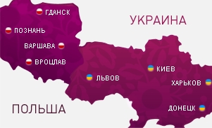 Kaart met de acht speelsteden in Polen en Oekraïne