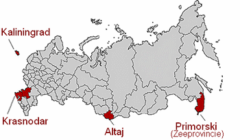 kaart van Rusland met de vier gokzones