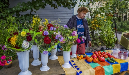 gepensioneerde vrouw achter een marktkraampje met bloemen en fruit